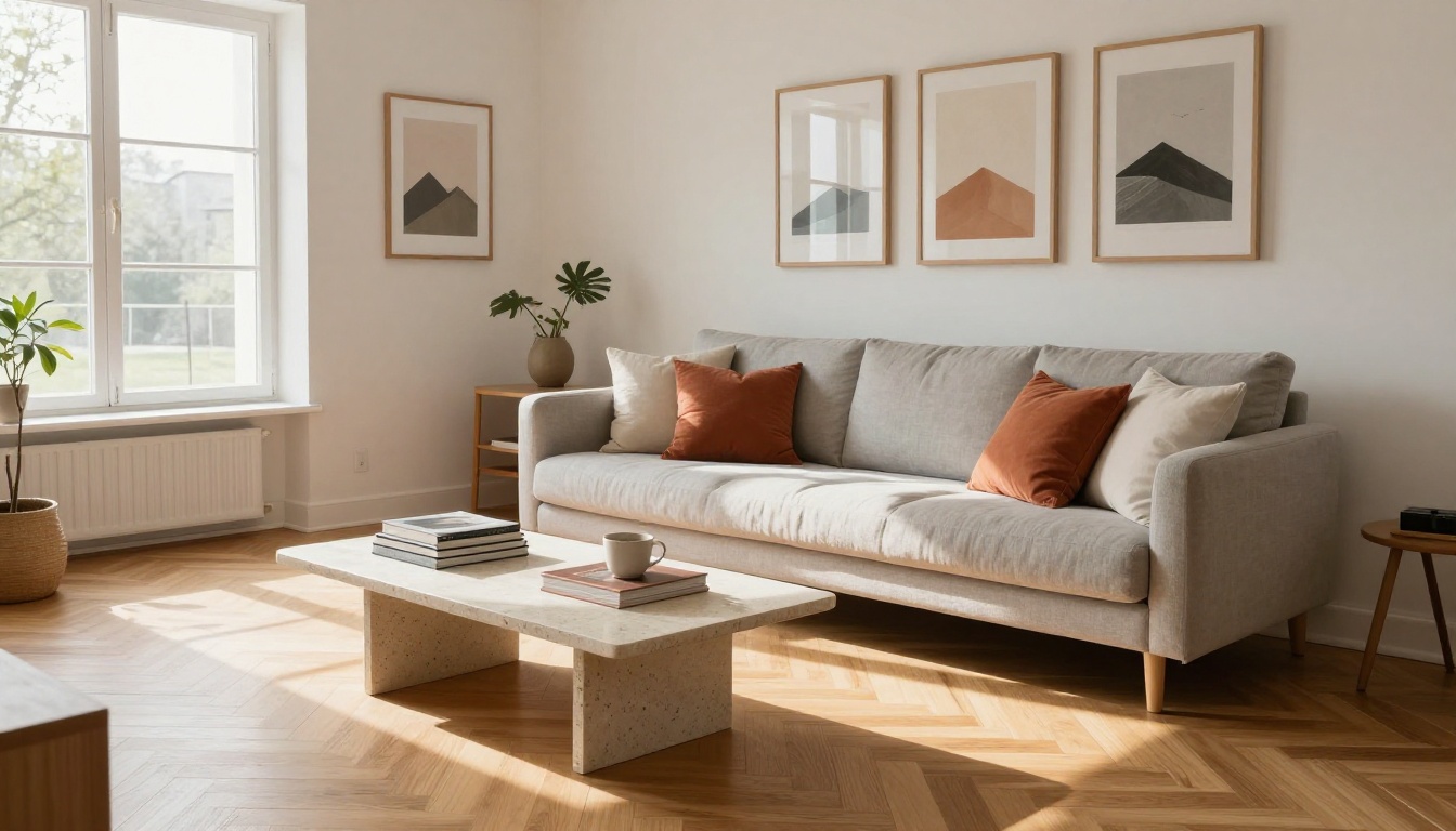 Warm Scandinavian living room with AI-generated image prints in wood frames on white wall, light-grey linen sofa, travertine coffee table, golden afternoon sunlight