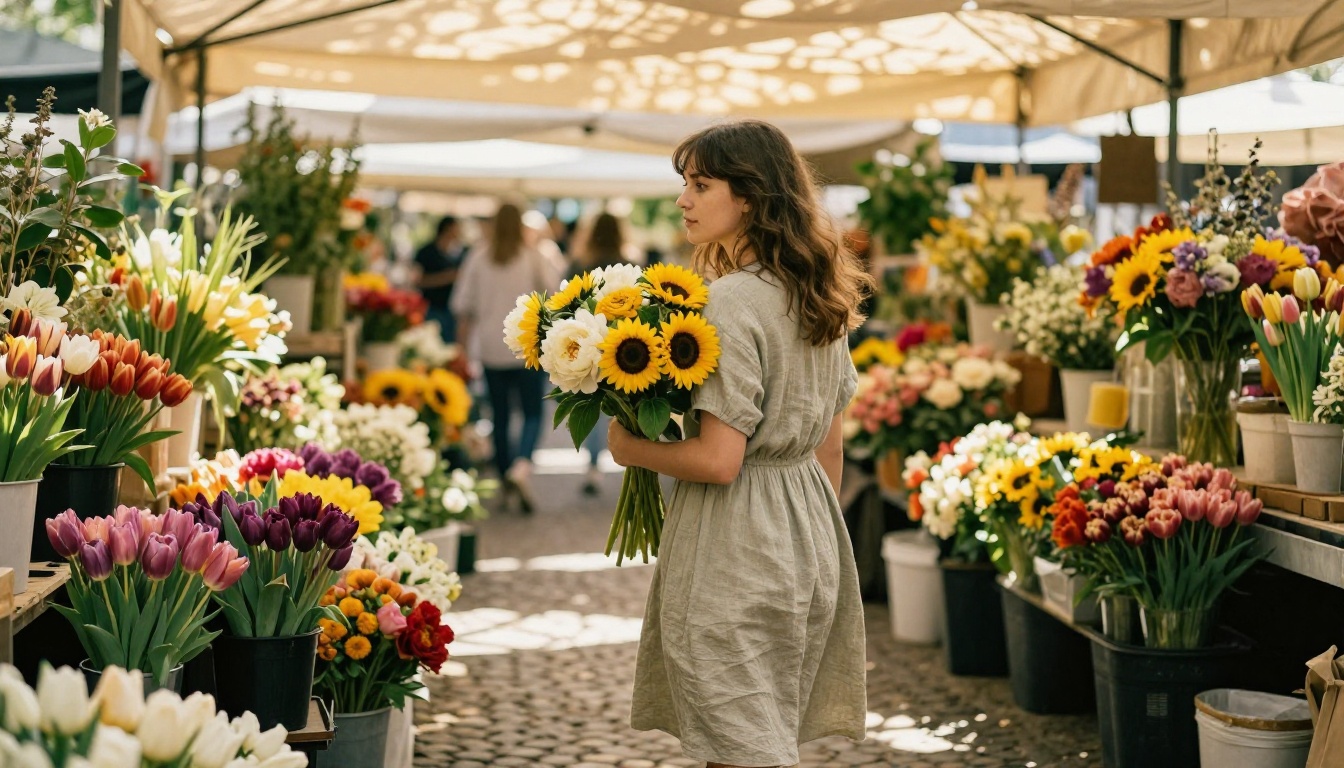 Young woman in sage linen dress at a vibrant outdoor flower market, carrying peonies and sunflowers, dappled morning sunlight through fabric canopy, Kodak Gold film emulation