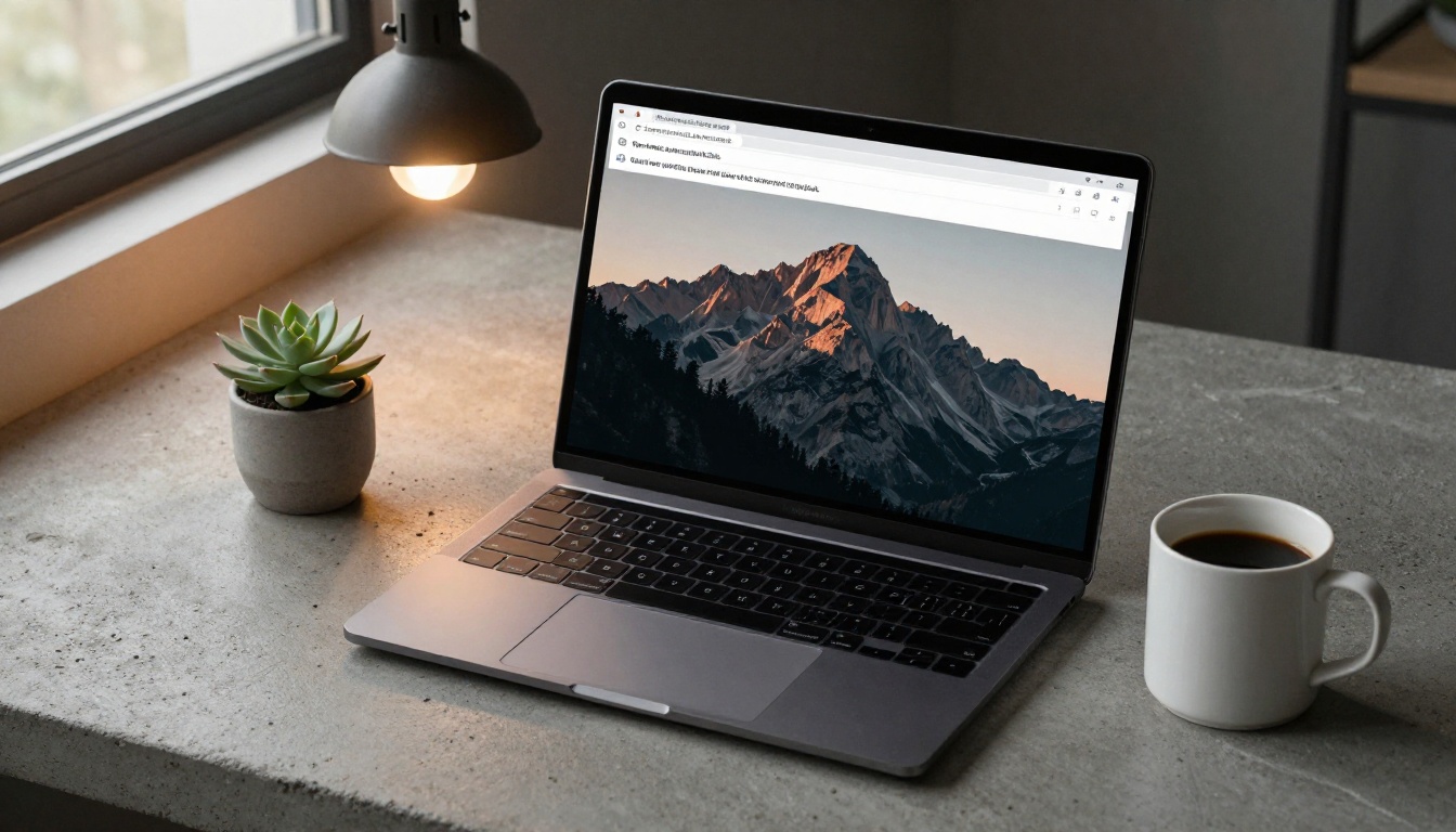Minimalist black laptop on raw concrete desk showing prompt input interface, small succulent to the left, black coffee to the right, warm overhead pendant light, top-down angle