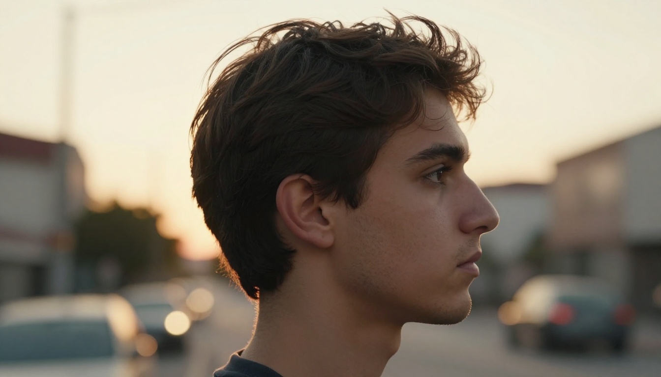 Side profile portrait showing individual hair strand rendering with natural rim lighting at hairline edges