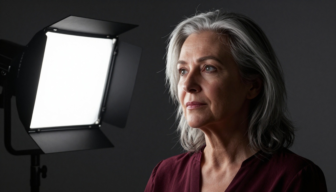 Studio portrait with dramatic Rembrandt lighting showing shadow triangle and photorealistic skin rendering