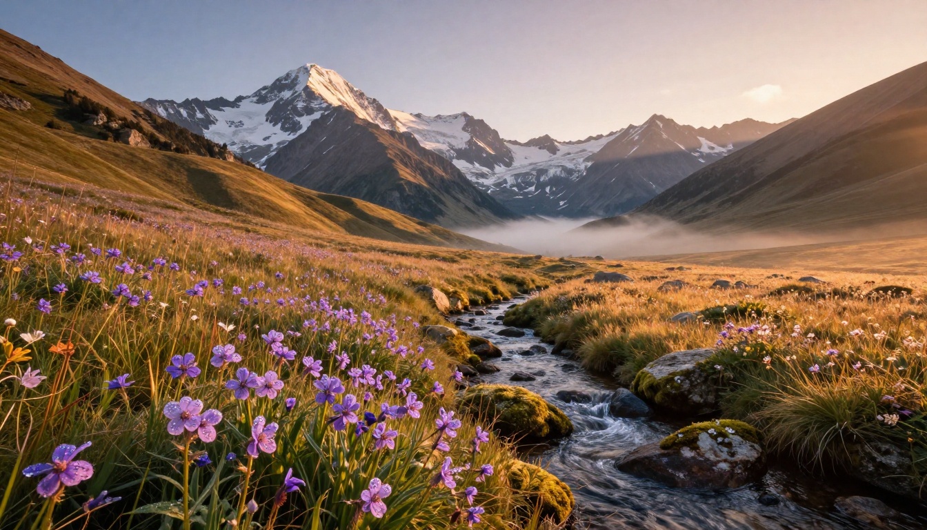 Breathtaking alpine meadow with wildflowers and mountain peaks at golden hour Breathtaking alpine meadow with wildflowers and mountain peaks at golden hour