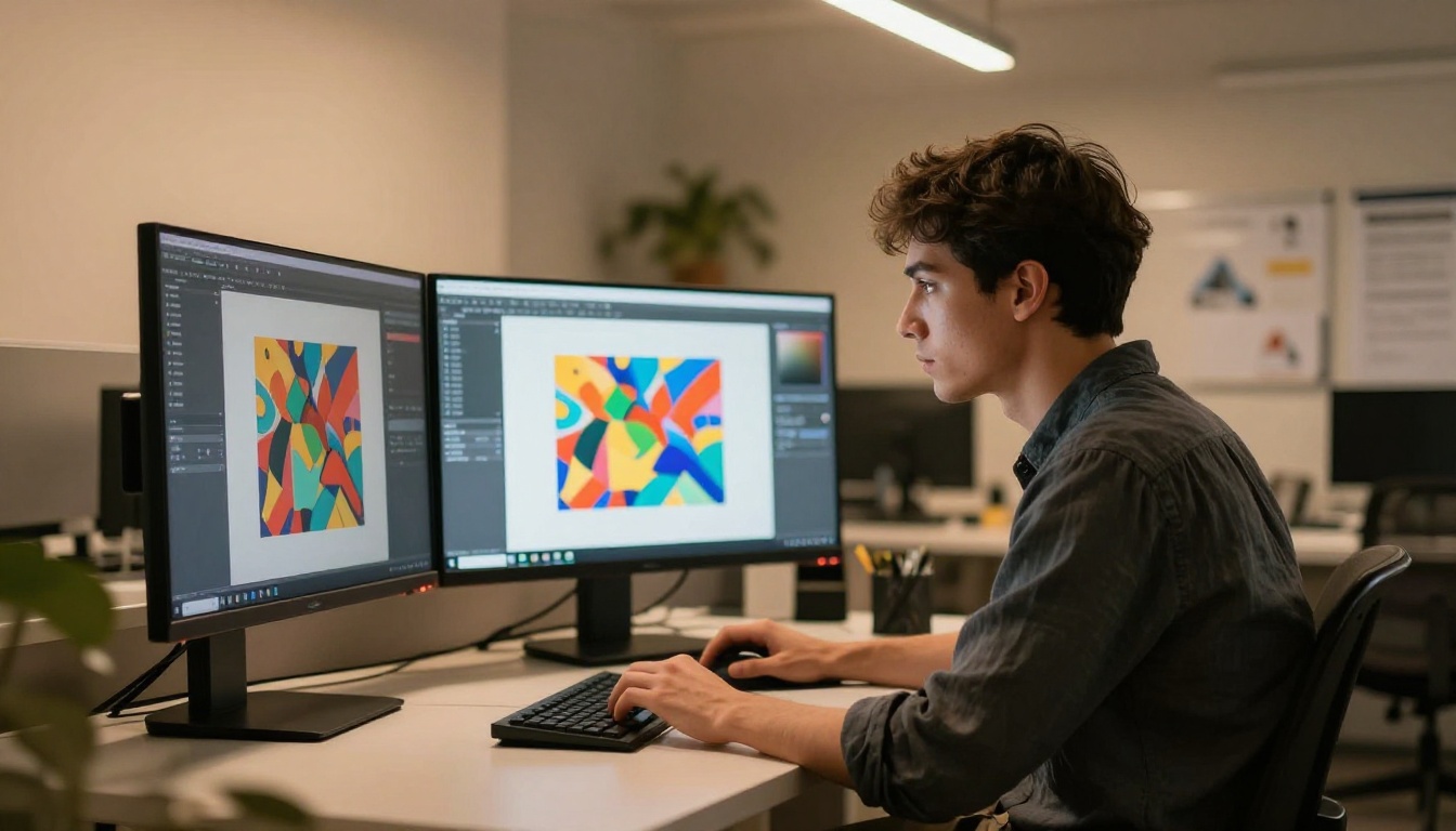 Creative professional seated at three monitors in a design office Creative professional seated at three monitors in a design office