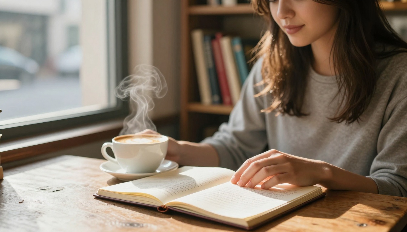 Woman writer with notebook in sunlit cafe crafting creative prompts Woman writer with notebook in sunlit cafe crafting creative prompts