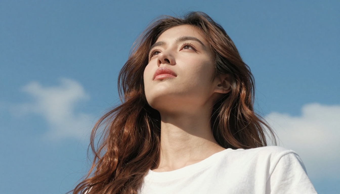 Low-angle portrait looking upward with strong overhead backlight creating natural rim lighting on hair edges