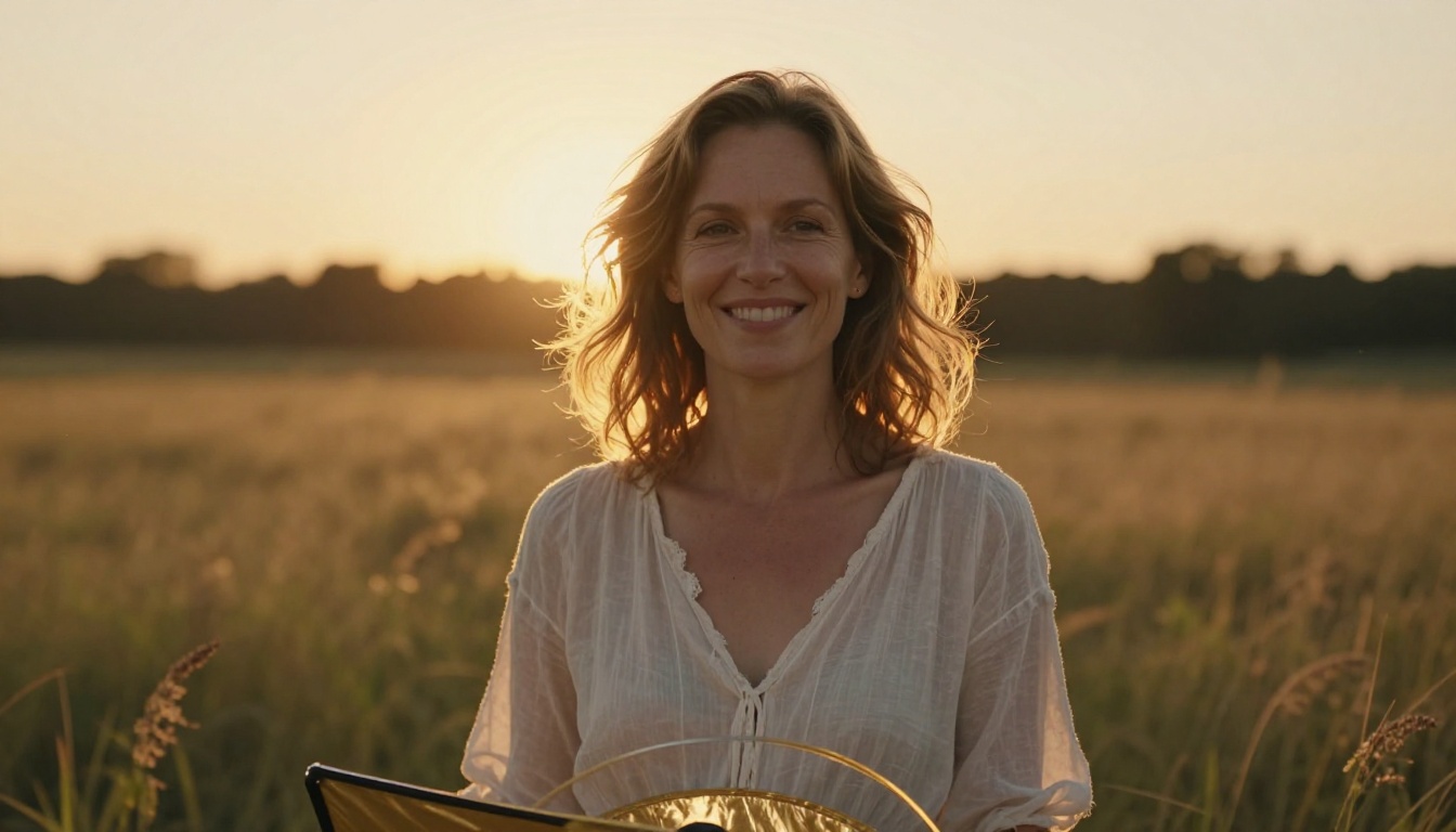 Golden hour backlit outdoor portrait with warm sunset rim lighting on hair and natural field bokeh