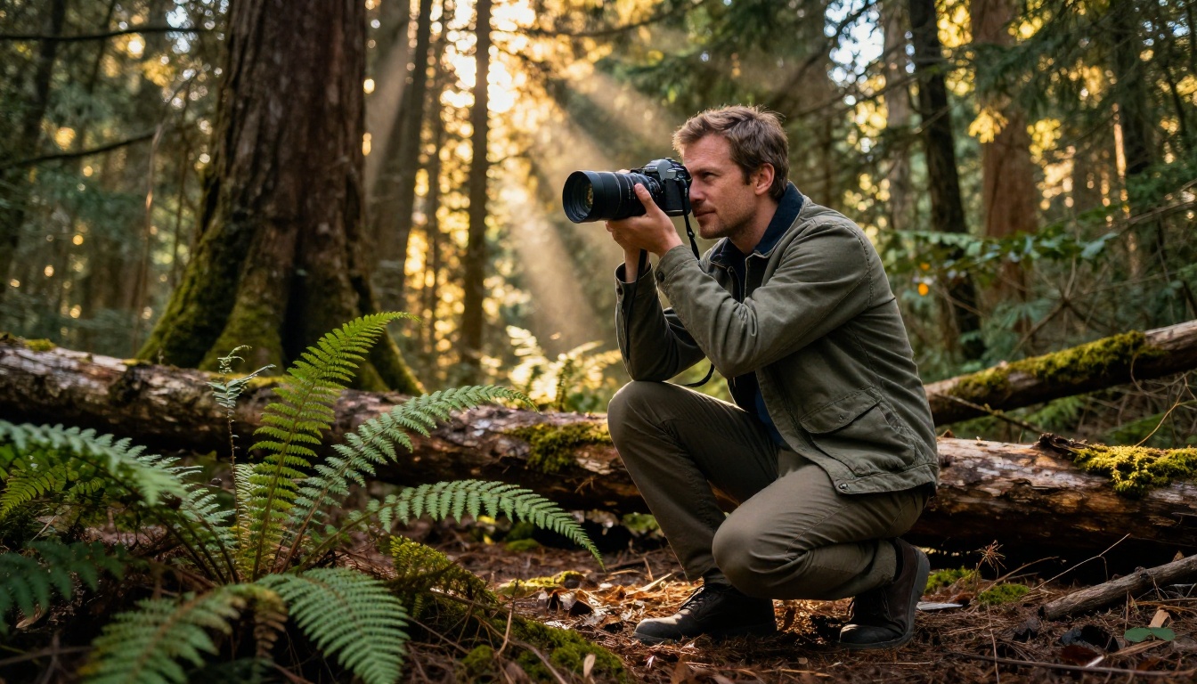 Photographer crouching in dense old-growth forest with camera at golden hour light Photographer crouching in dense old-growth forest with camera at golden hour light