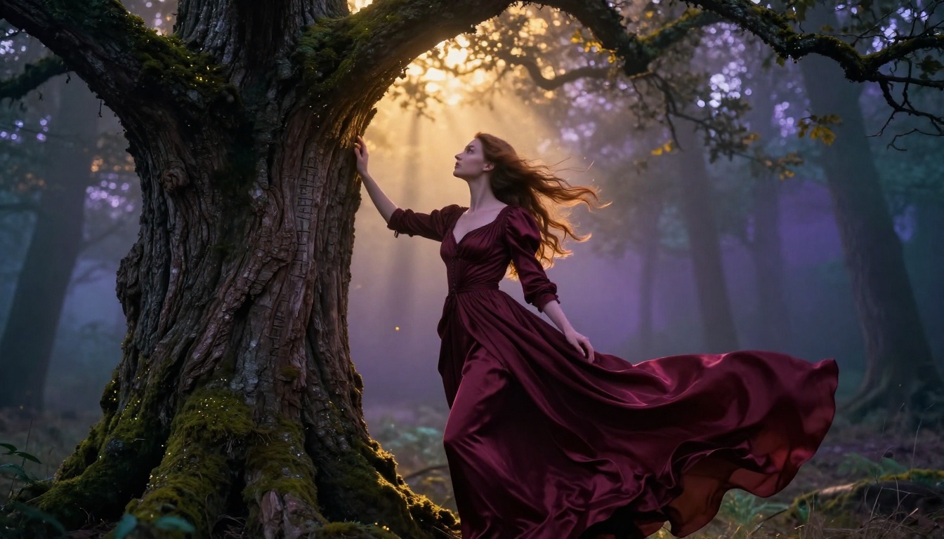 Fantasy romance scene: a woman in flowing burgundy silk at the edge of a misty ancient forest at twilight, volumetric light through the canopy