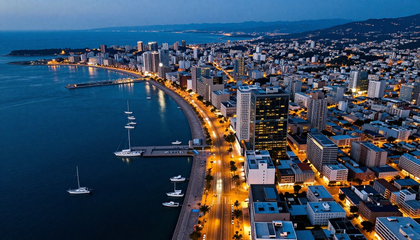 High aerial view of a coastal city at blue hour with harbor lights reflecting on water High aerial view of a coastal city at blue hour with harbor lights reflecting on water