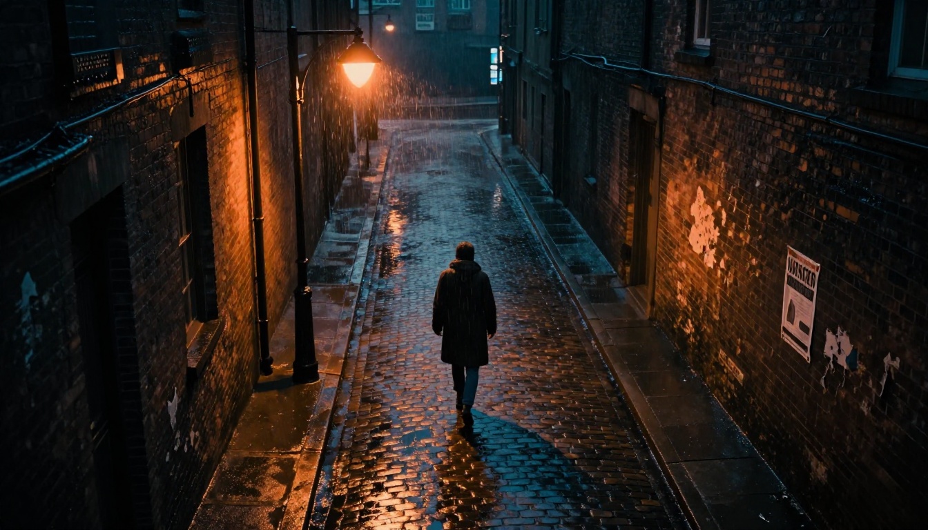Thriller mystery scene: lone figure silhouetted against an amber streetlamp in a rain-soaked cobblestone alley at 2am