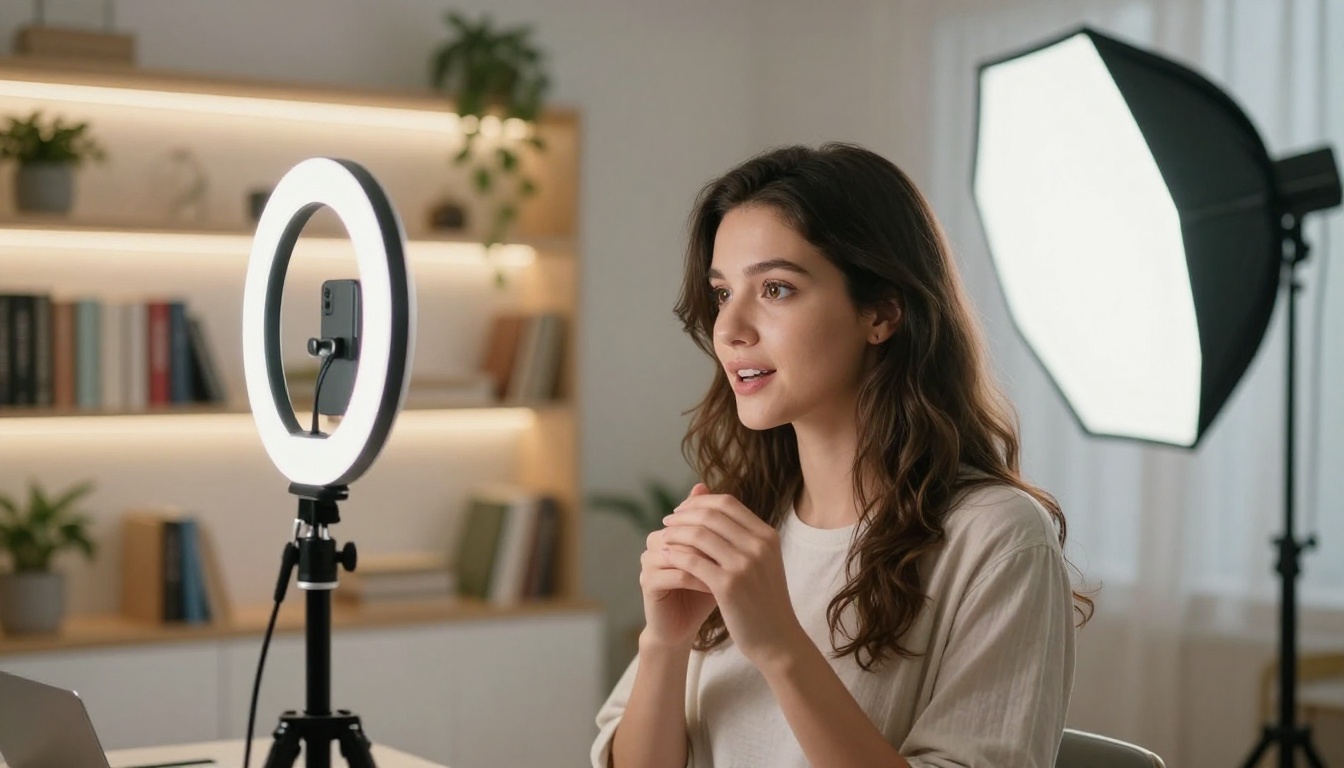 Female content creator filming in bright modern home studio with professional ring light Female content creator filming in bright modern home studio with professional ring light