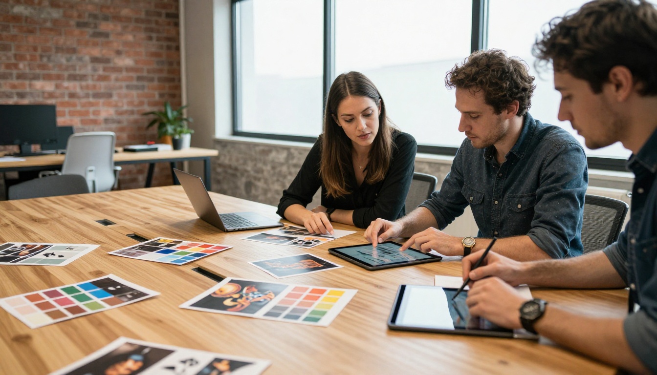 Two creative professionals collaborating over printed photos and tablets in a bright studio Two creative professionals collaborating over printed photos and tablets in a bright studio