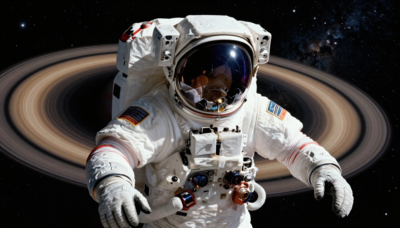 Science fiction scene: astronaut in a worn EVA suit floating above a ringed gas giant in deep space, Milky Way visible in background
