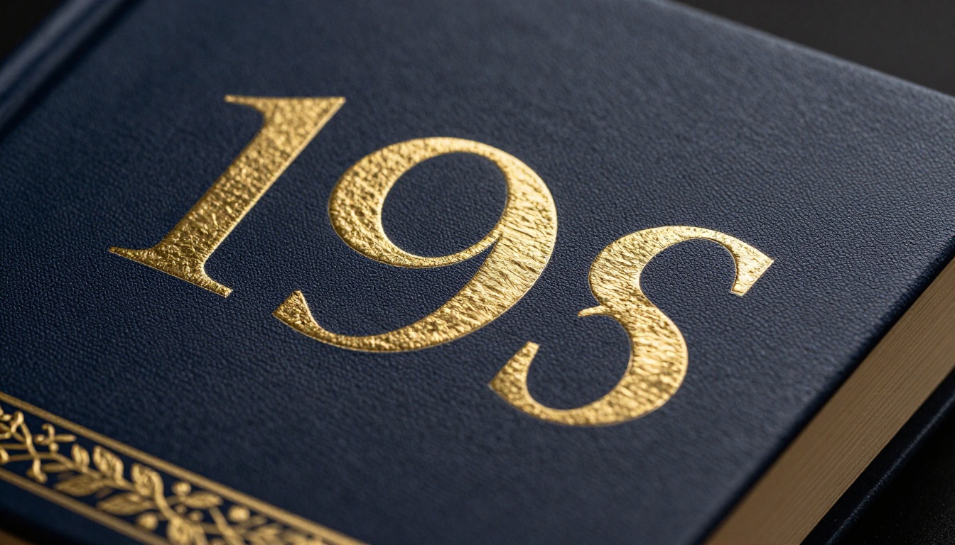 Extreme close-up of embossed gold lettering on a dark midnight-navy book cloth, raking studio light carving deep shadows into each letterform groove