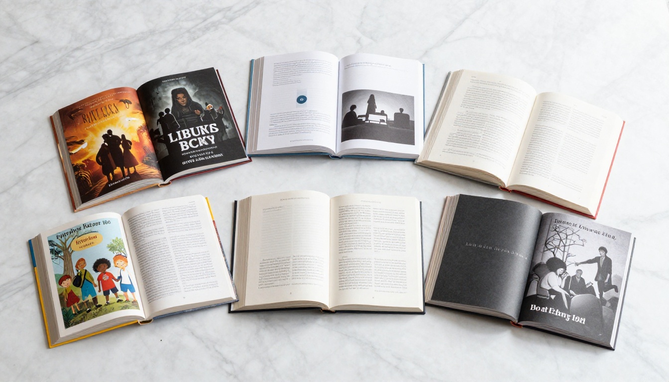 Overhead flat-lay of five books fanned out on white marble, each showing a different publishing genre in distinct visual style
