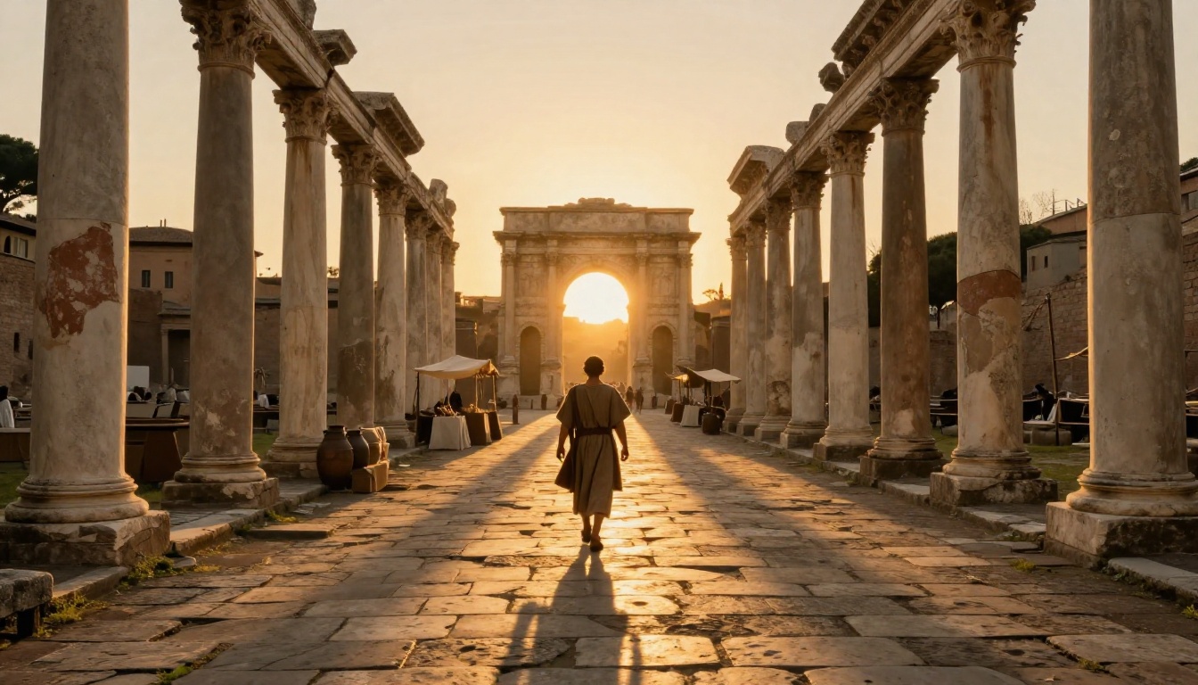 Ancient Roman forum street at golden hour with marble columns casting long shadows across worn travertine flagstones
