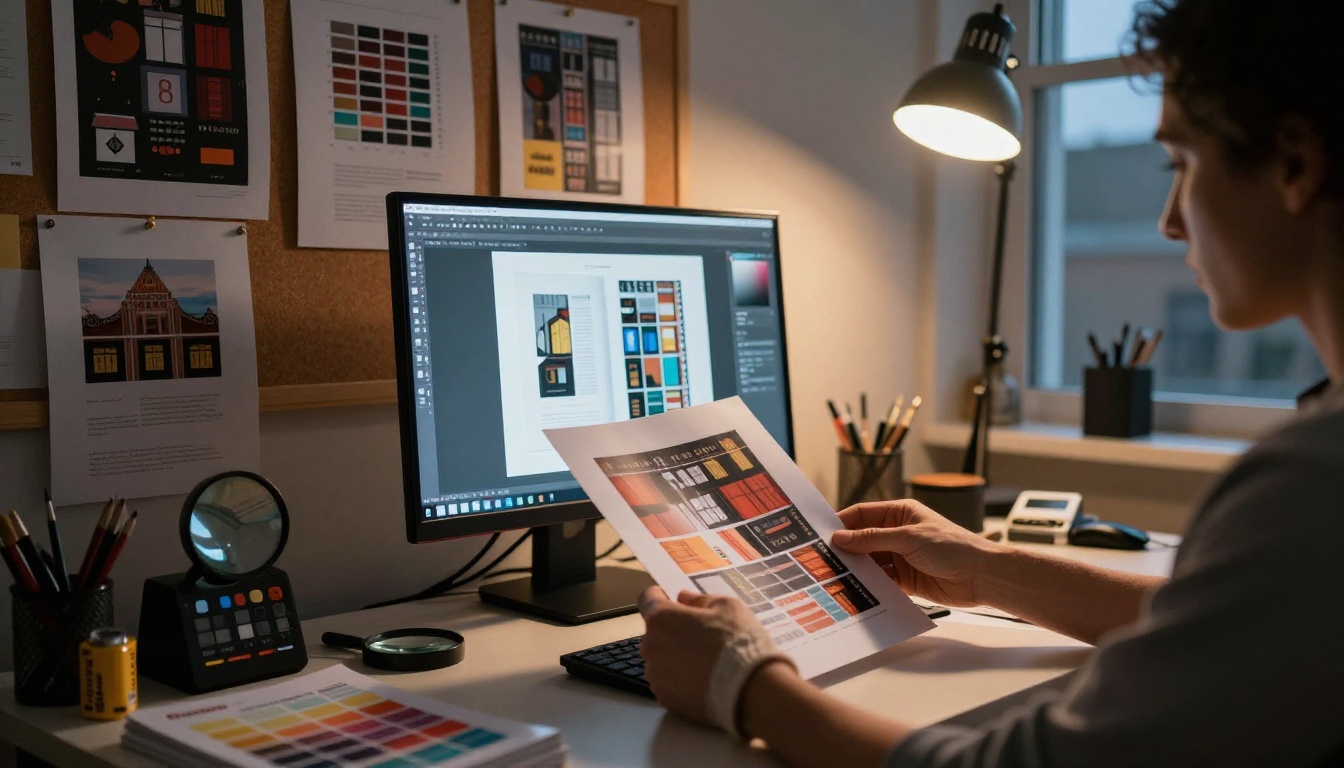 Professional graphic designer reviewing printed book jacket proofs on a bright LED lightbox in a modern design studio at dusk