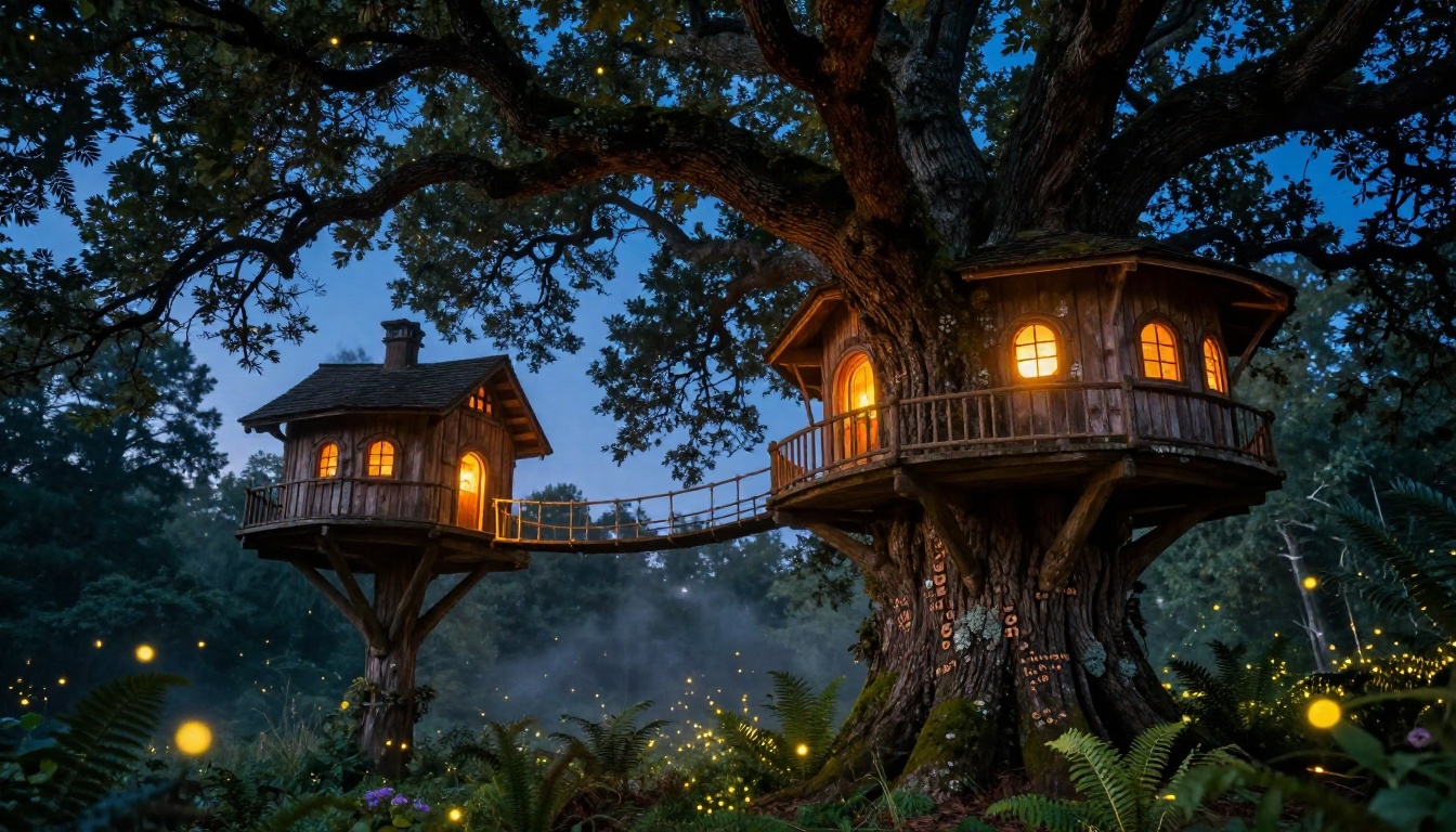 Magical treehouse glowing with amber light in an enchanted forest at twilight, fireflies creating halos in the evening air