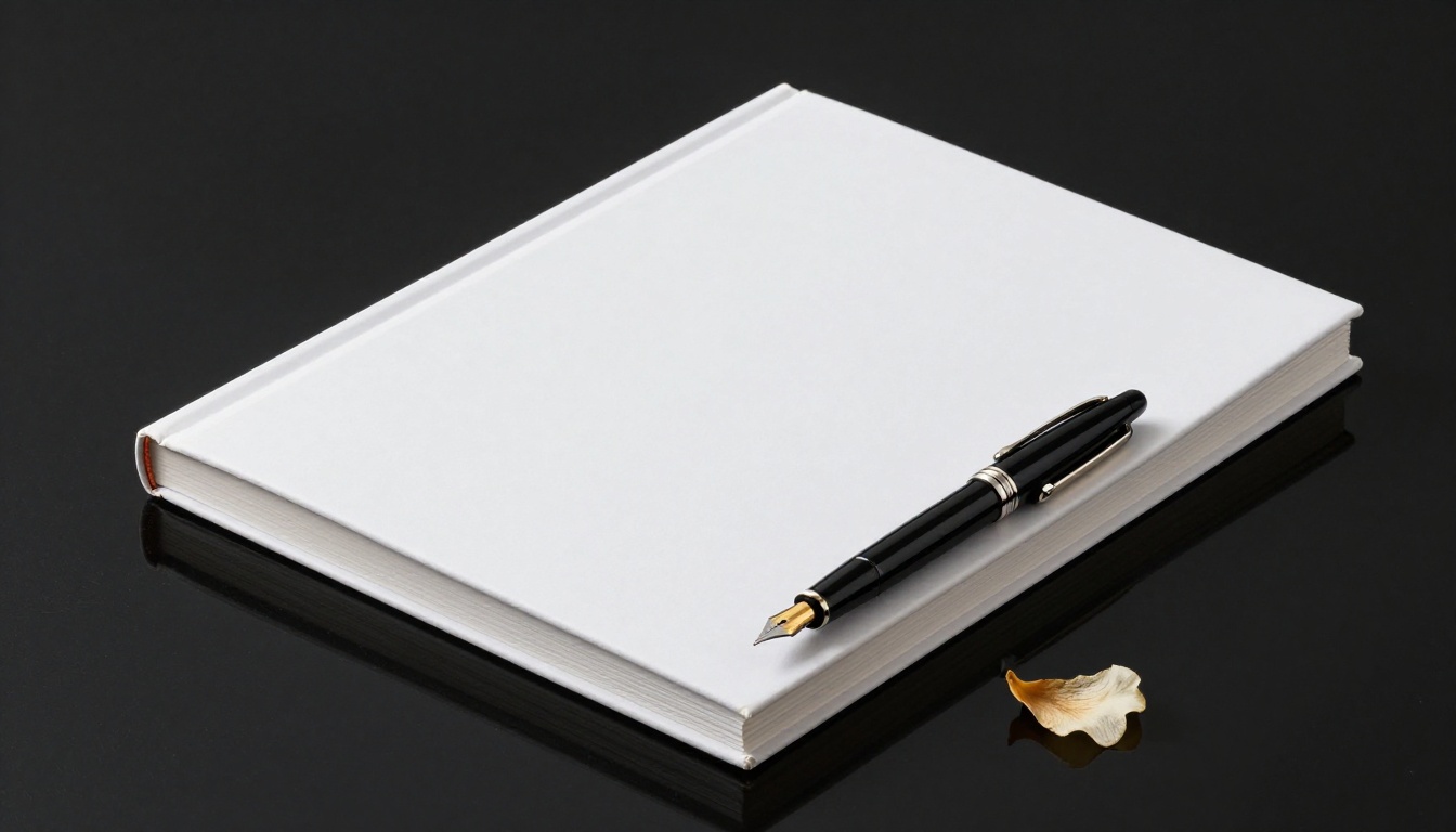 Minimalist premium hardcover on black lacquer with a gold-nib fountain pen, overhead product photography, strictly controlled studio light