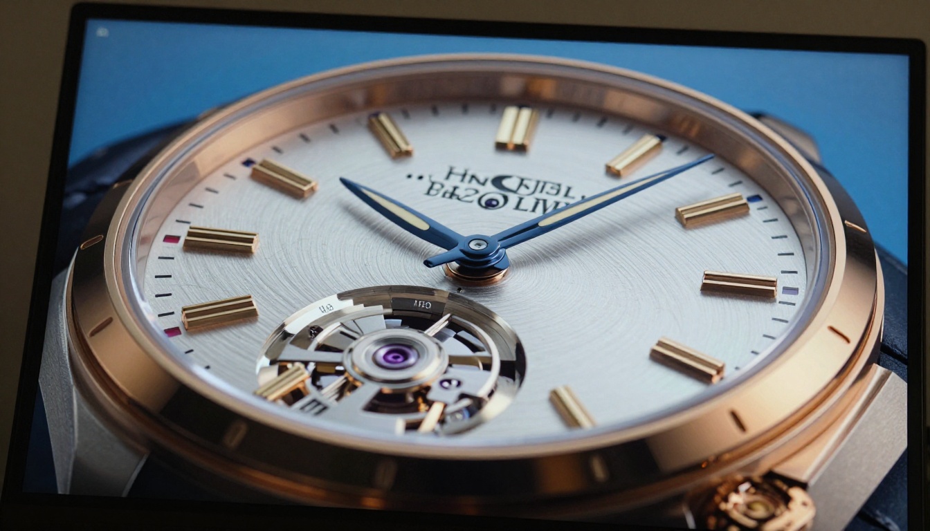 AI-generated product image detail quality on a monitor screen showing a luxury watch