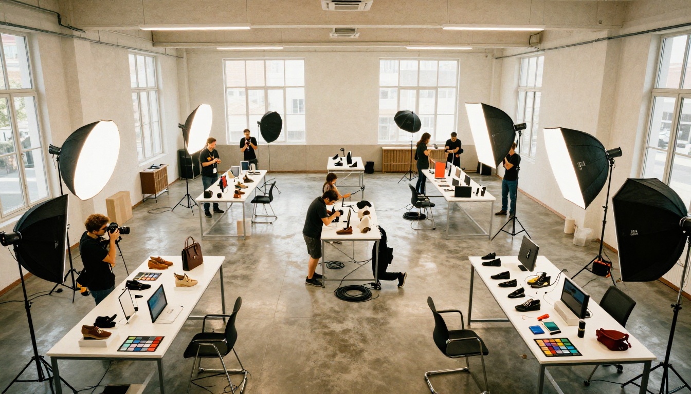 Wide aerial view of a professional e-commerce photography studio with multiple product stations