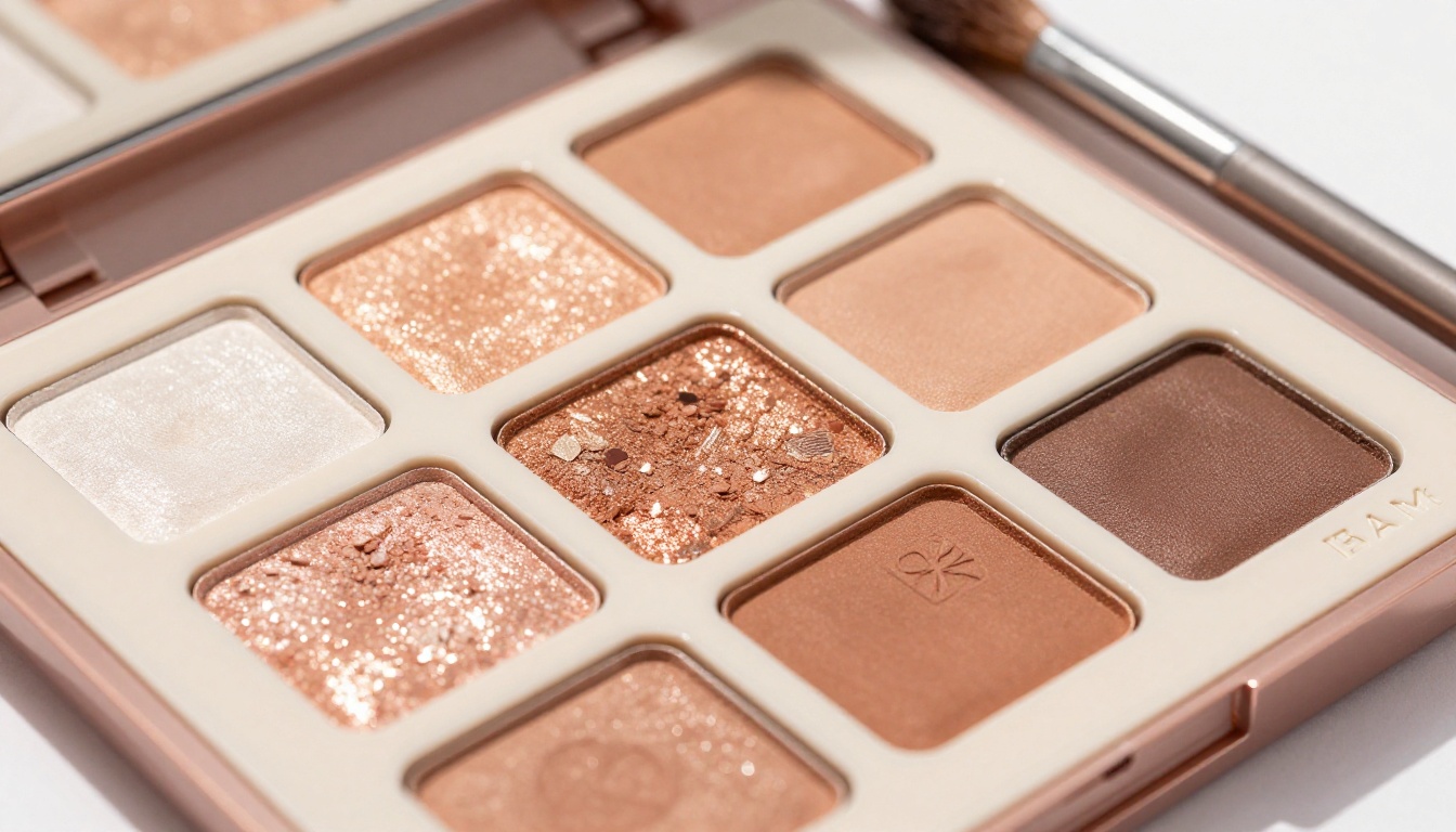 Close-up product photography of luxury cosmetics palette showing powder texture and metallic detail