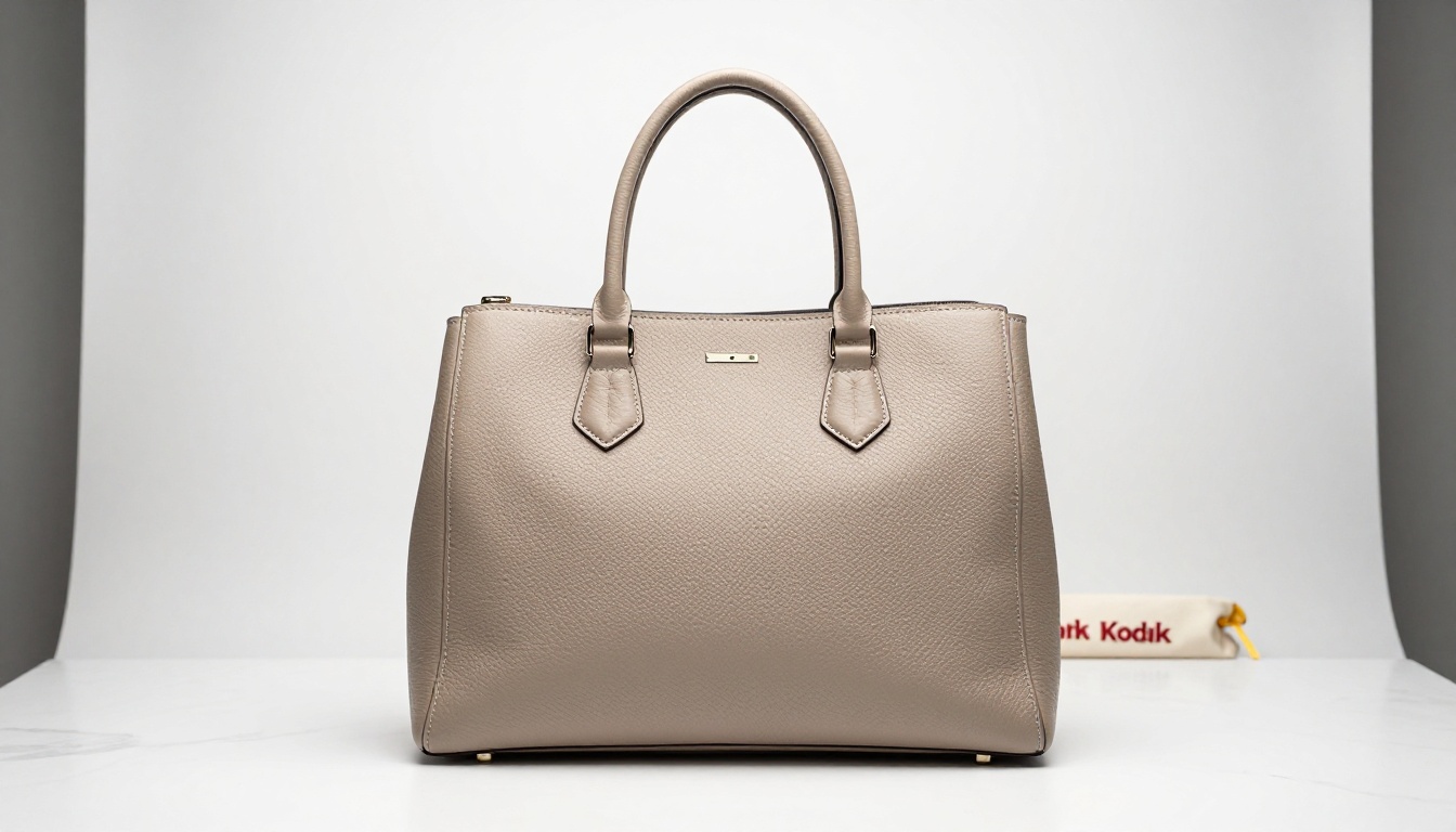 Professional fashion e-commerce product photography of premium leather handbag on marble surface