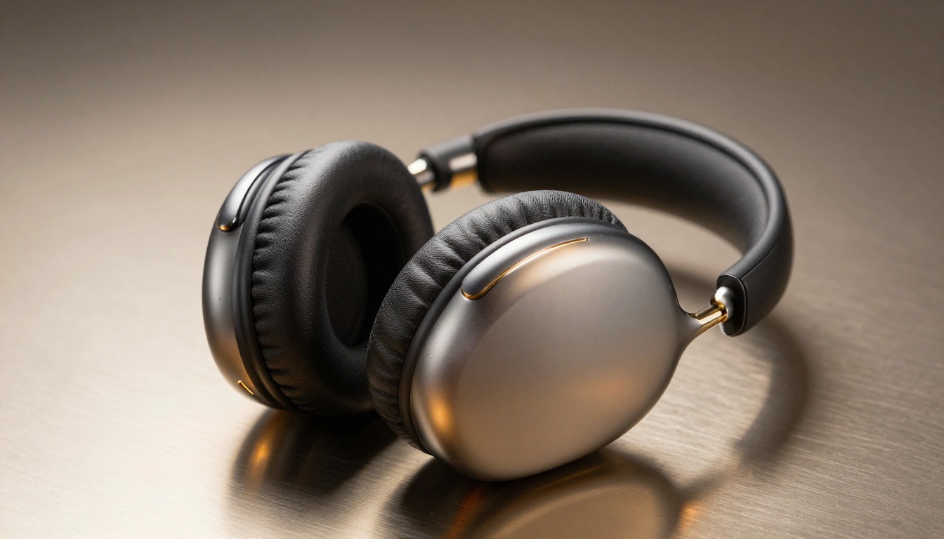 Premium wireless headphones studio product photography on brushed aluminum surface with directional lighting