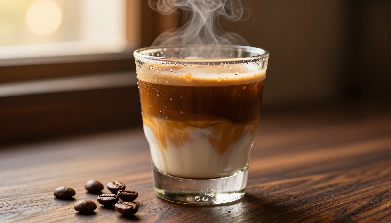 Artisan coffee beverage product photography showing golden espresso layers with steam rising
