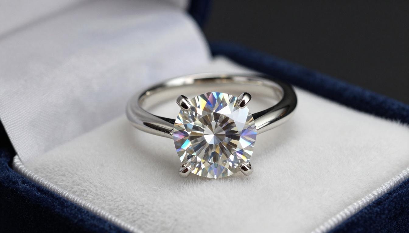 Macro photography of diamond solitaire engagement ring in open luxury velvet jewelry box