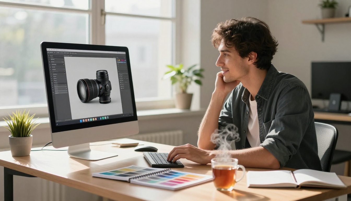 Creative designer studying AI-generated product image results on a large monitor at a clean desk
