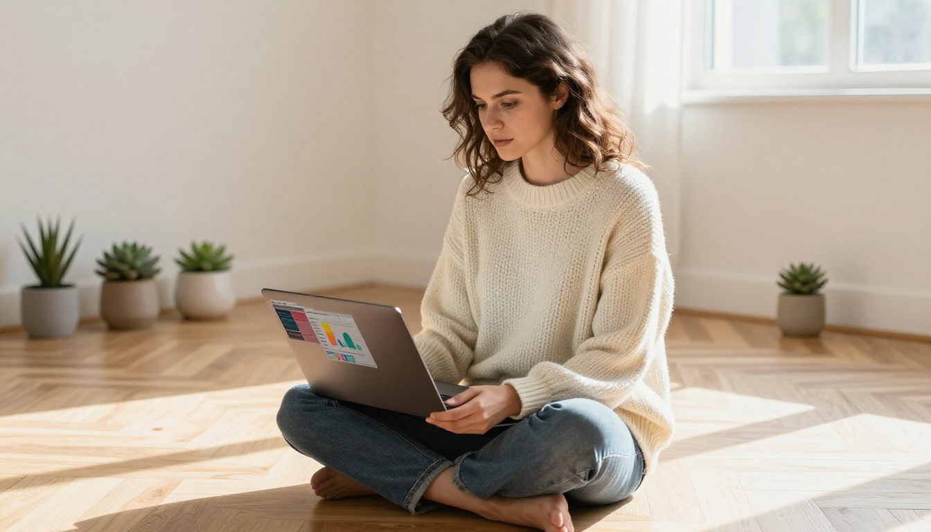 Female content creator reviewing social media analytics on a laptop Female content creator reviewing social media analytics on a laptop