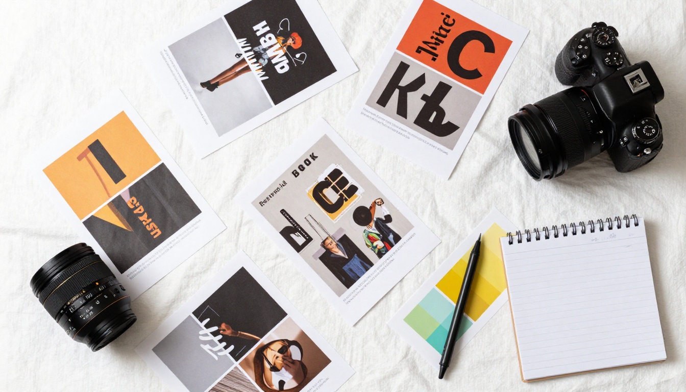 Creative workspace flat lay with social media design materials viewed from overhead Creative workspace flat lay with social media design materials viewed from overhead