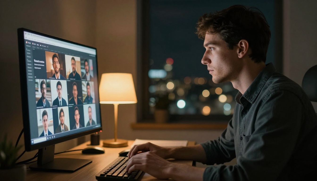 Professional creator reviewing AI-generated social media graphics on a large studio monitor Professional creator reviewing AI-generated social media graphics on a large studio monitor