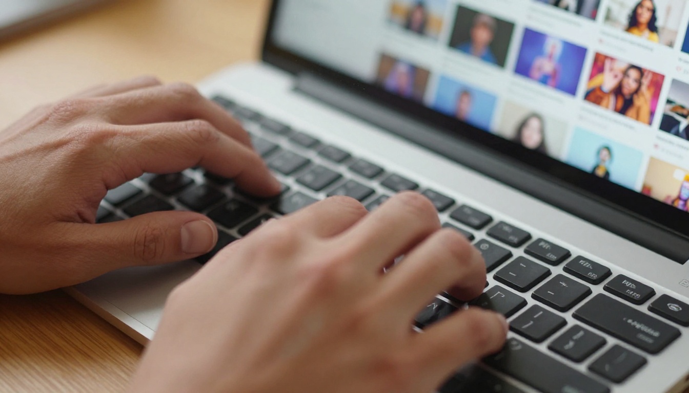 Content creator typing a detailed prompt on a mechanical keyboard for AI image generation Content creator typing a detailed prompt on a mechanical keyboard for AI image generation
