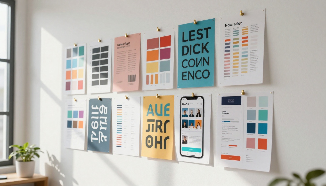 Creative studio mood board with brand identity and social media planning materials pinned to white wall Creative studio mood board with brand identity and social media planning materials pinned to white wall