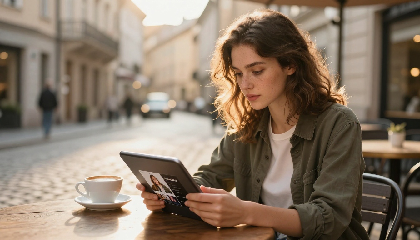 Young woman reviewing social media brand content on tablet at an outdoor cafe Young woman reviewing social media brand content on tablet at an outdoor cafe