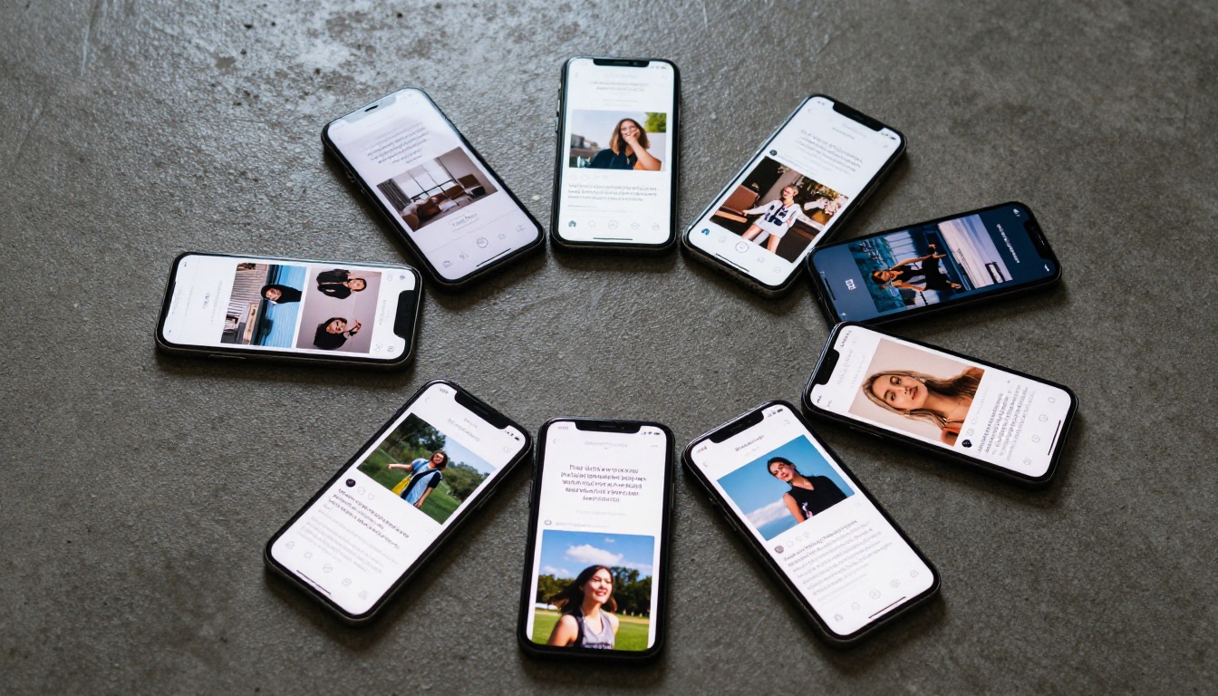 Multiple smartphones showing different social media graphic categories laid on concrete surface Multiple smartphones showing different social media graphic categories laid on concrete surface