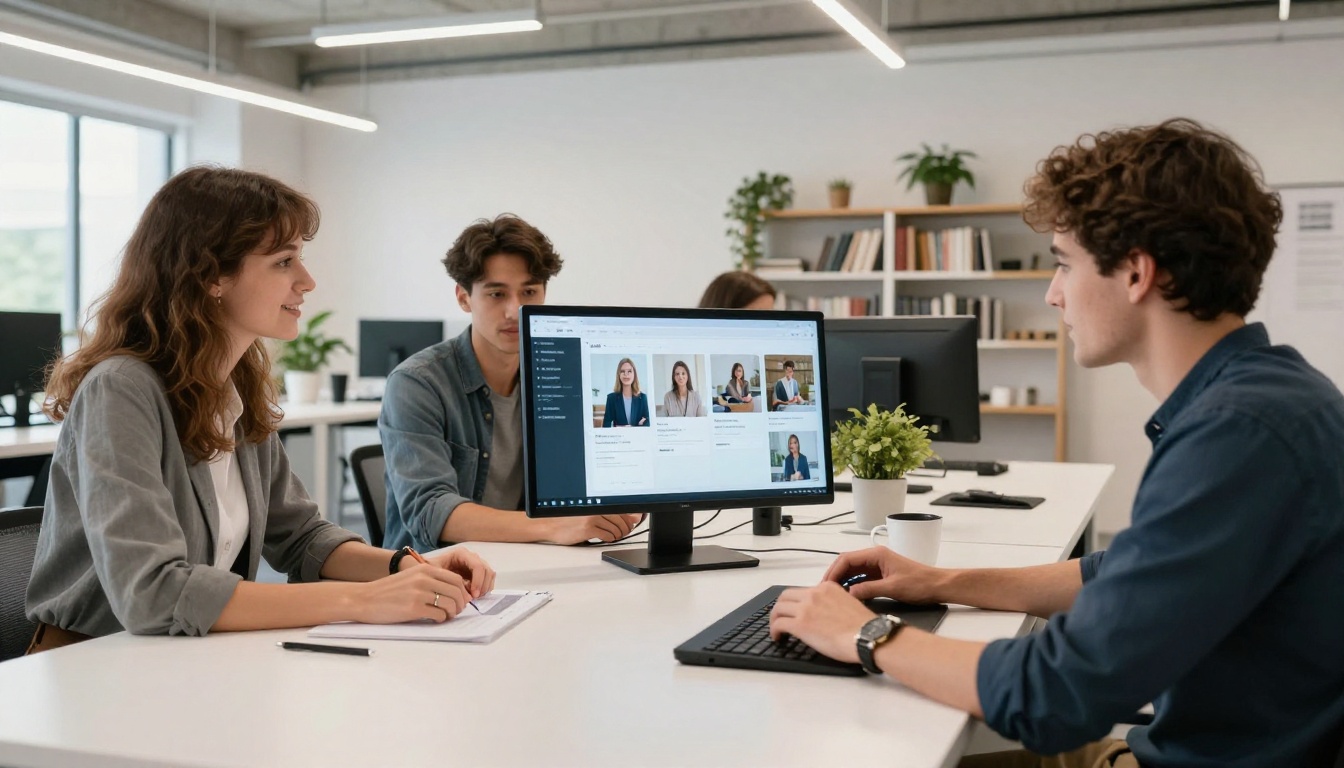 Agency team collaborating over AI-generated social media campaign content on a large touchscreen display Agency team collaborating over AI-generated social media campaign content on a large touchscreen display