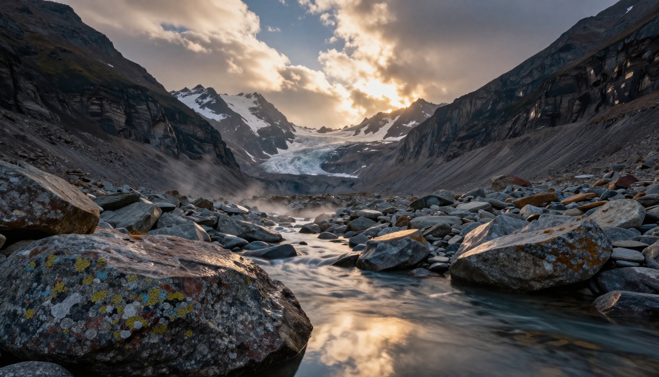 Dramatic mountain valley at golden hour with glacial river and volumetric light breaking through clouds Dramatic mountain valley at golden hour with glacial river and volumetric light breaking through clouds