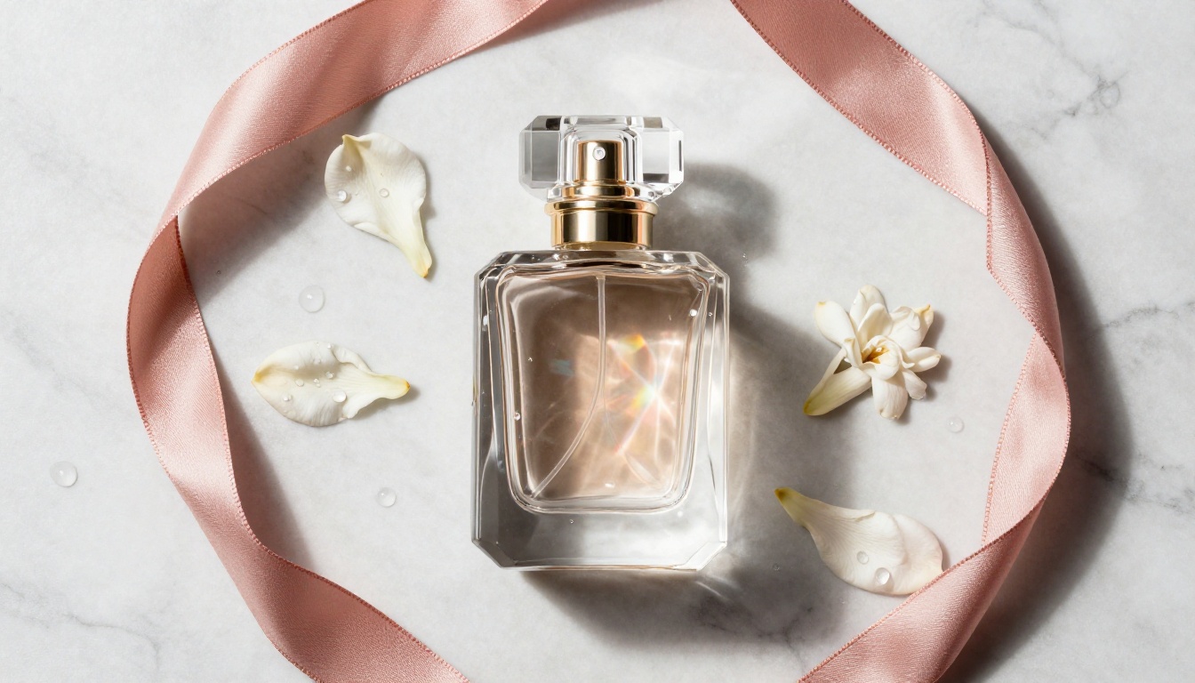 Luxury fragrance bottle product flat-lay on Italian marble with prismatic light refraction through crystal glass facets Luxury fragrance bottle product flat-lay on Italian marble with prismatic light refraction through crystal glass facets