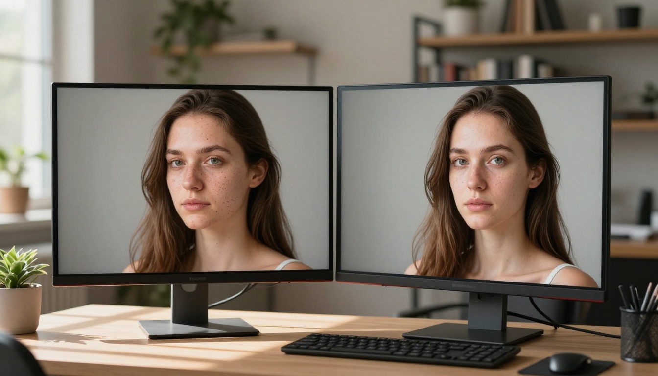 Side-by-side monitor comparison displaying quality difference between AI model versions Side-by-side monitor comparison displaying quality difference between AI model versions