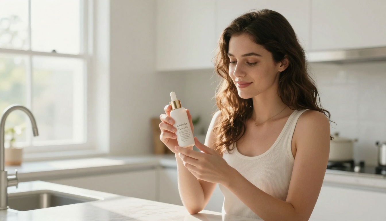 Woman holding premium skincare product in natural kitchen lifestyle setting for Shopify