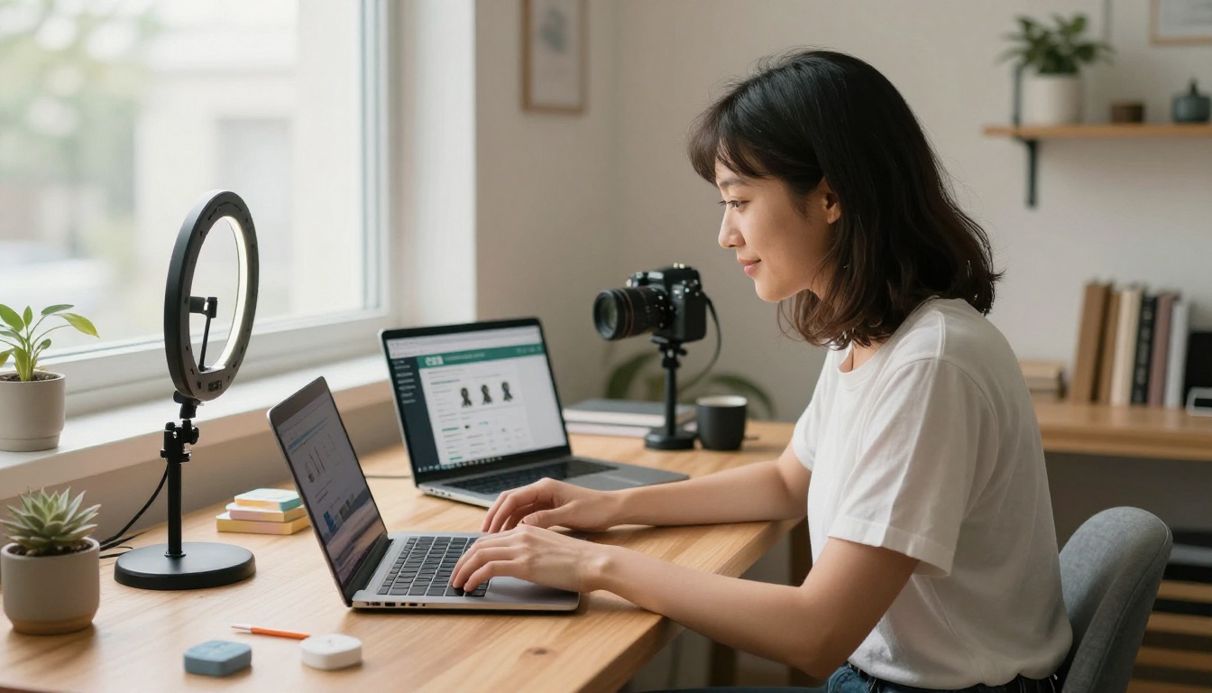 E-commerce seller working on product listings with AI image tools