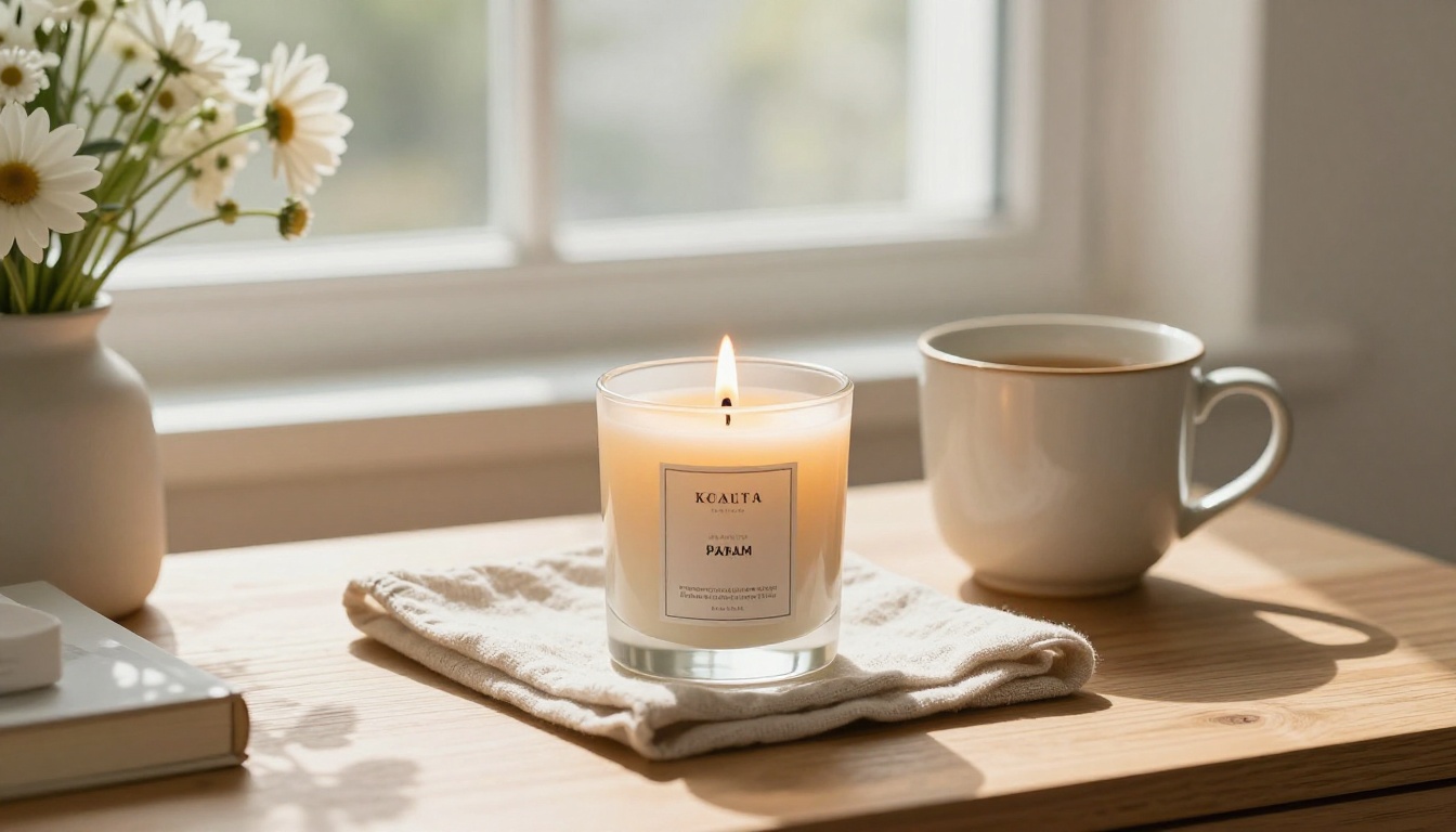 Lifestyle product photography for Shopify store — scented candle in Scandinavian bedroom setting