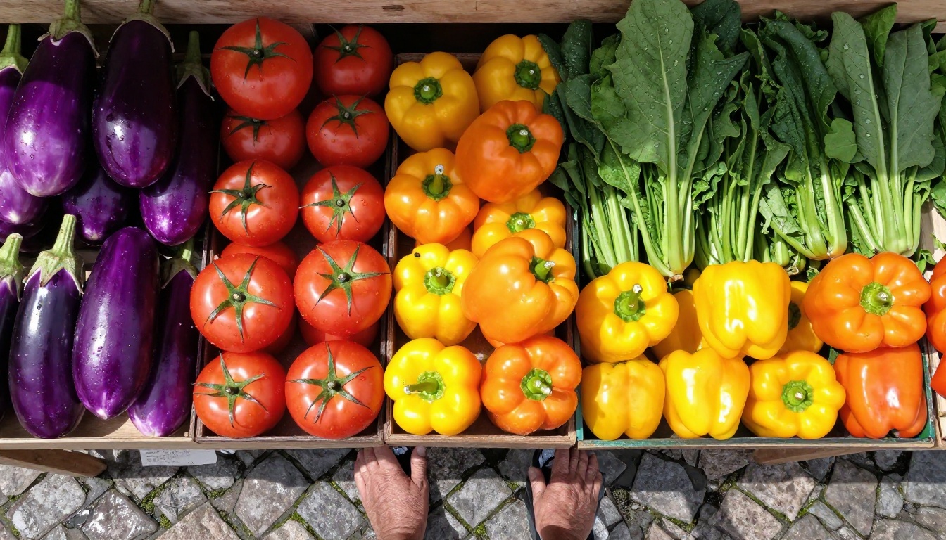 Aerial overhead view of vibrant produce market showing material textures and organic color depth Aerial overhead view of vibrant produce market showing material textures and organic color depth