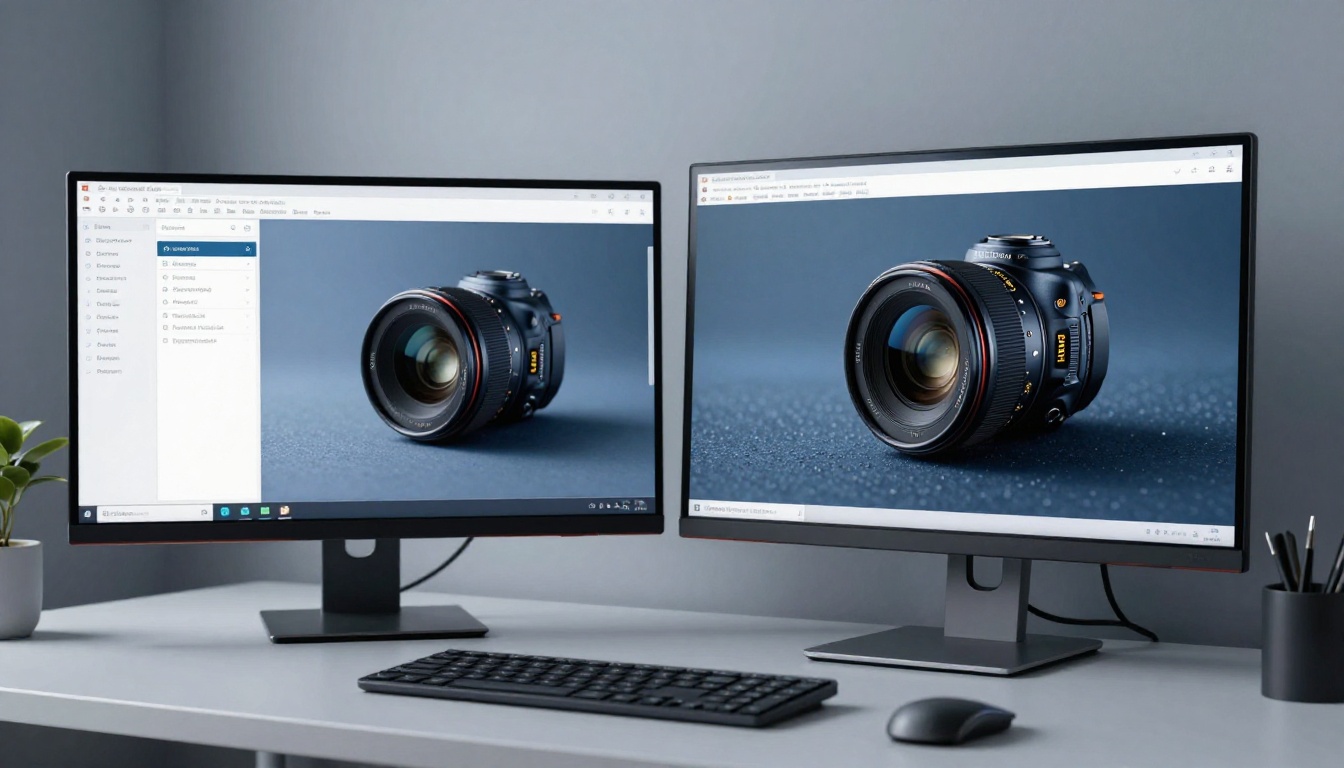 Professional AI product image generation workflow with dual monitor setup
