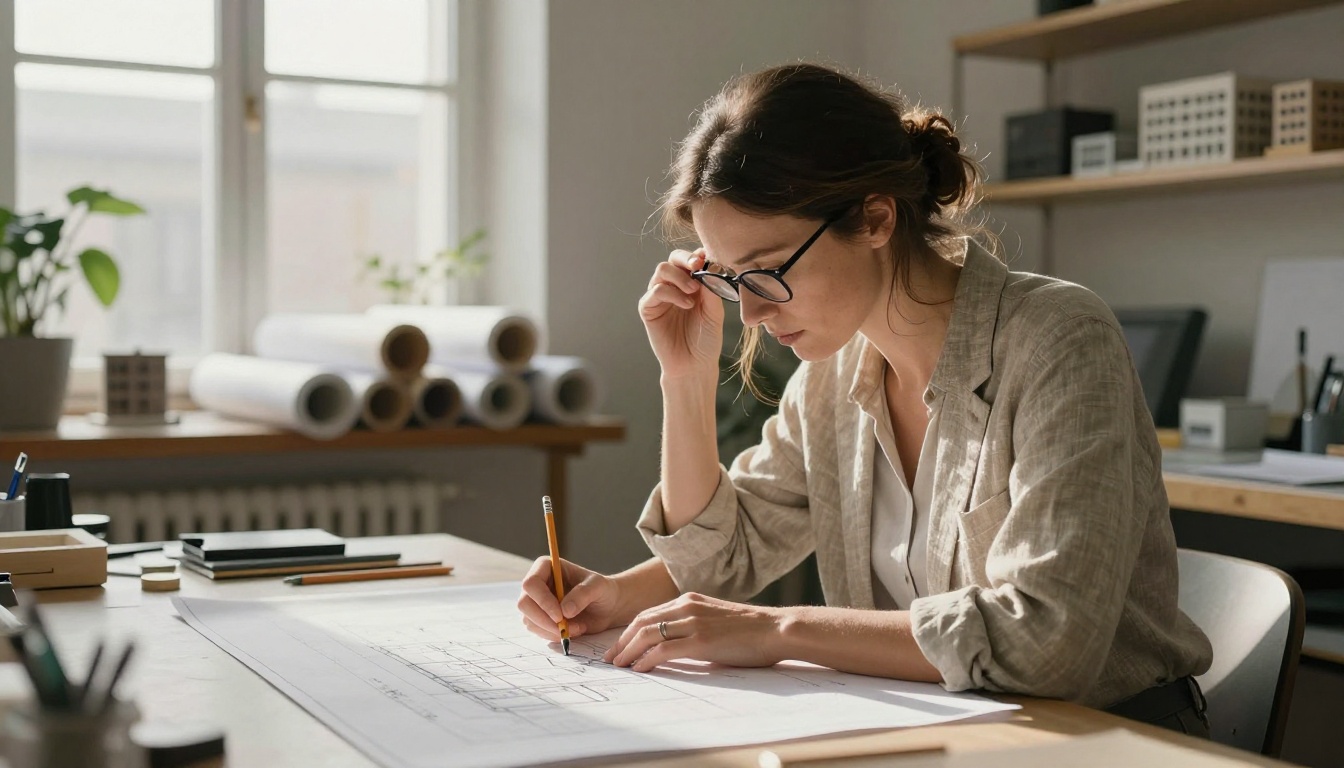 Professional woman working on detailed architectural drafts in a bright north-facing studio Professional woman working on detailed architectural drafts in a bright north-facing studio