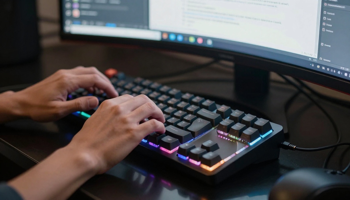 Person's hands on mechanical keyboard working on AI image generation interface on large curved monitor Person's hands on mechanical keyboard working on AI image generation interface on large curved monitor