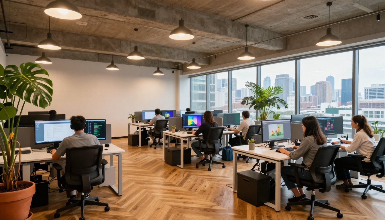 Designers working with AI tools across multiple workstations in a modern creative agency office Designers working with AI tools across multiple workstations in a modern creative agency office
